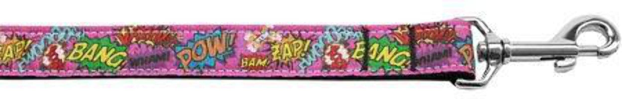 Pet Dog & Cat Nylon Collar or Leash, "Superhero Sound Effects Pink" 5/8" w x 6 ft. leash
