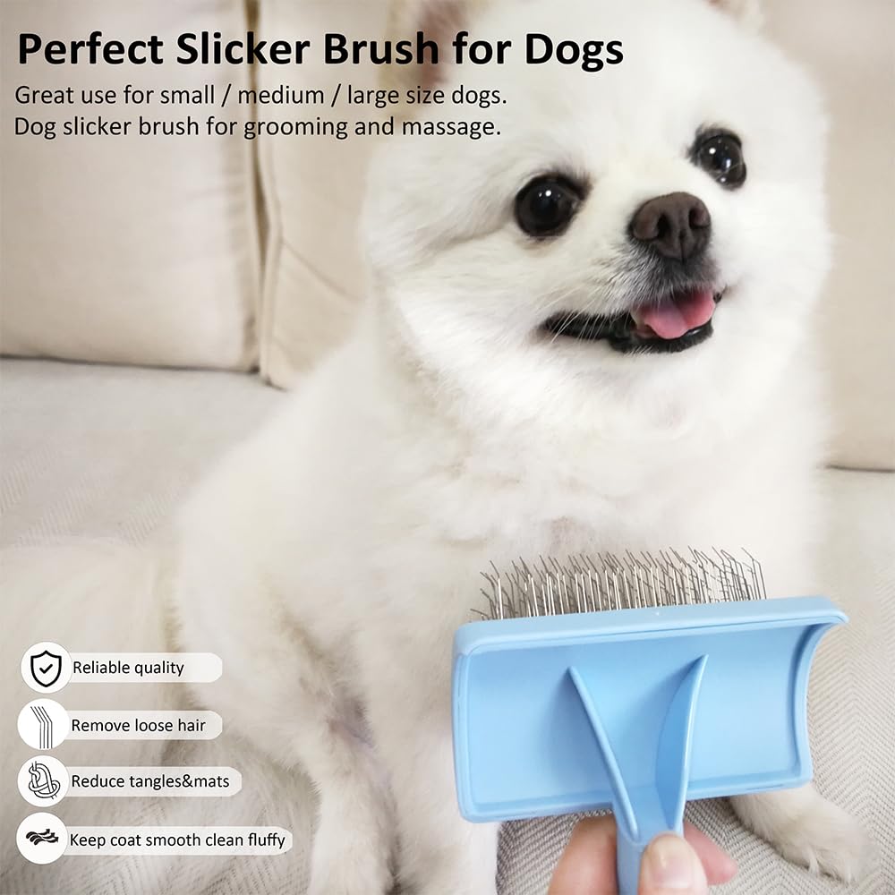 LBMBAIC Slicker Brush for Dogs & Cats - Curved, Soft Pins for Thick Fur - Blue