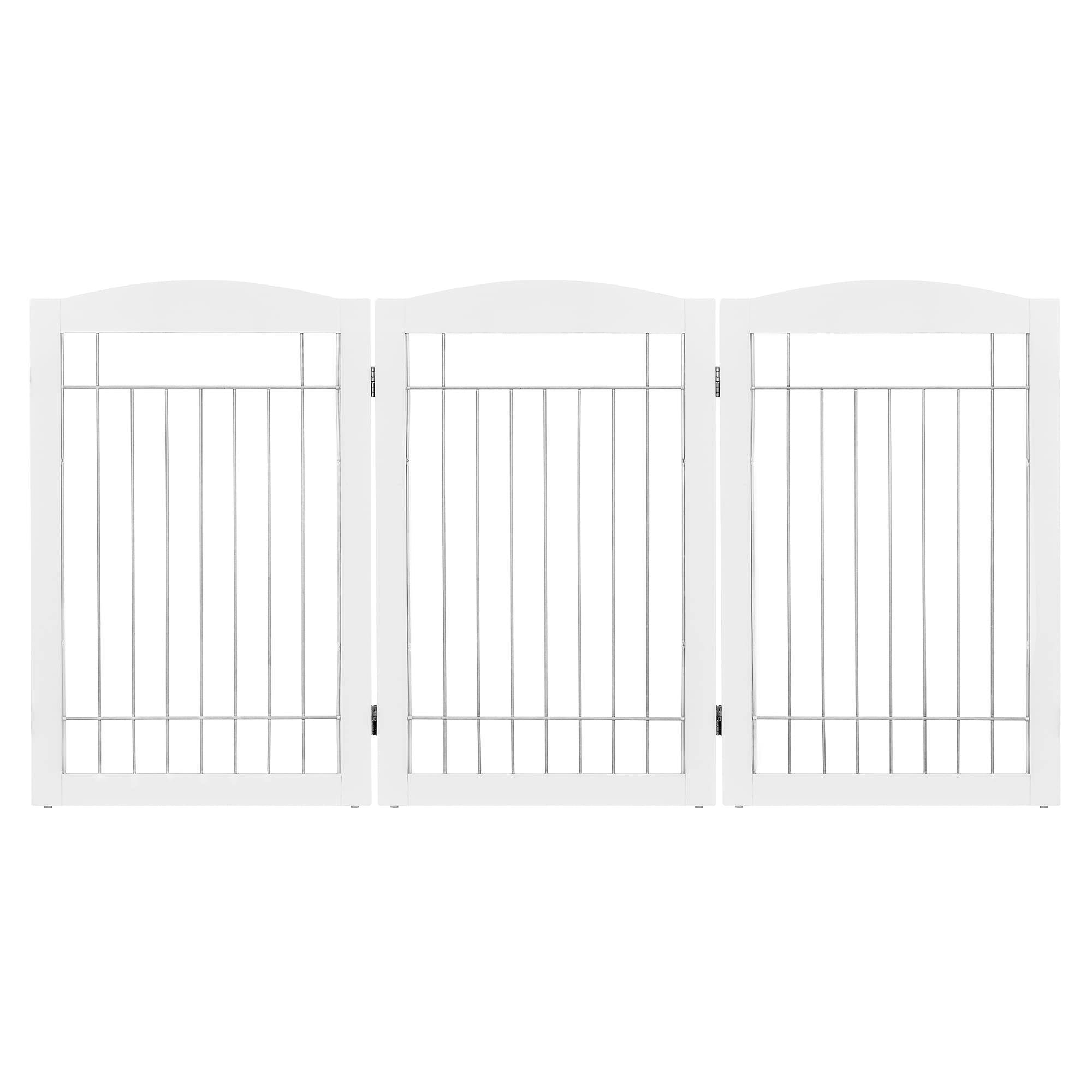 Spirich Freestanding Wire Pet Gate - 3 Panels, 60"W x 30"H, Sliver Wood, Extra Wide Dog Safety Gate for Doorways & Stairs