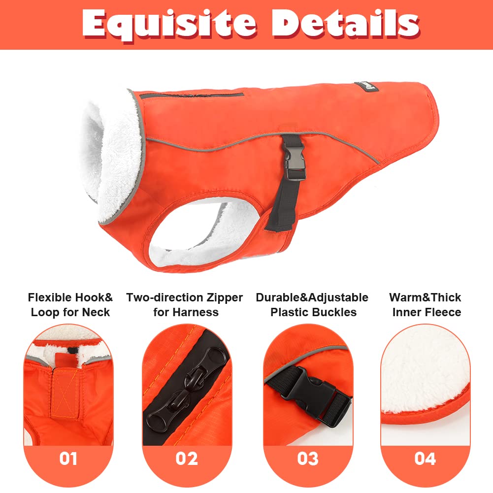 EMUST Dog Coat Winter, Waterproof Pet Snow Jacket for Winter, Adjustable Small/Medium/Large Dog Coat, Orange, L