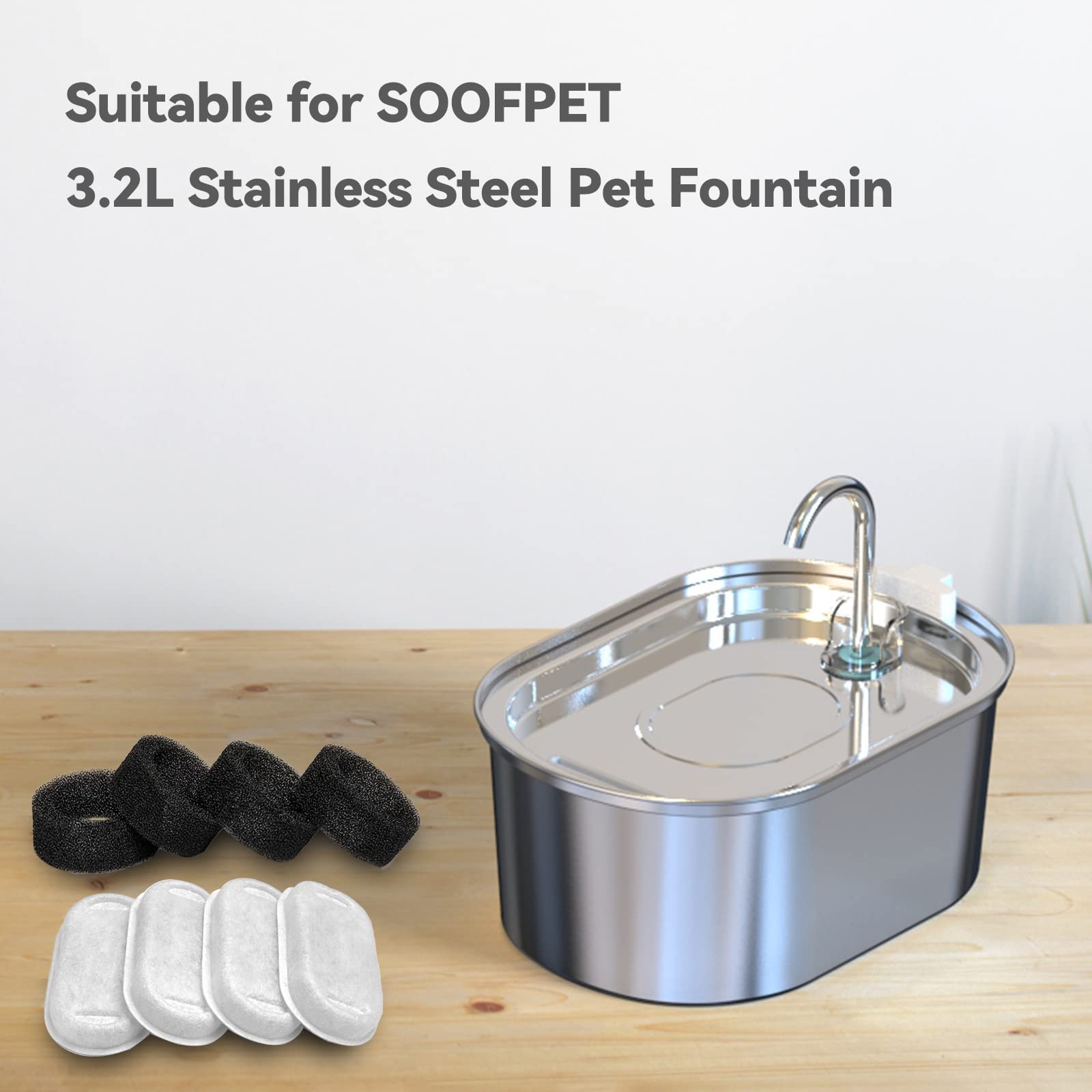 SOOFPET Cat Water Fountain Filter - 8-Pack Replacement Filters (Carbon + Foam) for 108oz Stainless Steel Fountain - 4PCS+4PCS