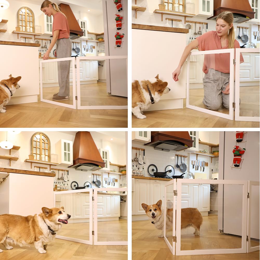 Foreng Extra Wide Clear Dog Gate 24  Tall Clear Acrylic Freestanding Dog gateTransparent Pet Gate for Doorways Stairs 3 Panel(55