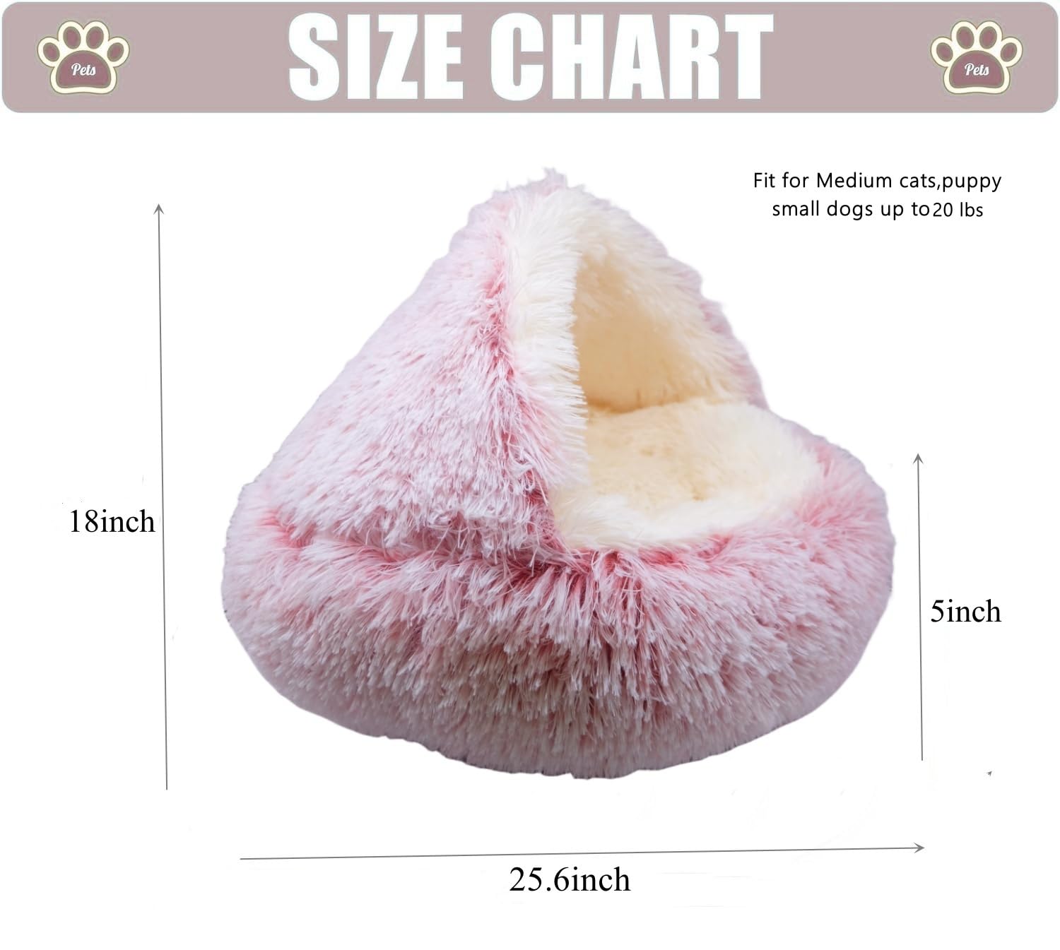 Zanesun Calming Dog Bed & Cat Cave With Hooded Cover, Plush Fluffy Anti-Anxiety Cat Bed, Waterproof Bottom Washable (Pink, 25.6X