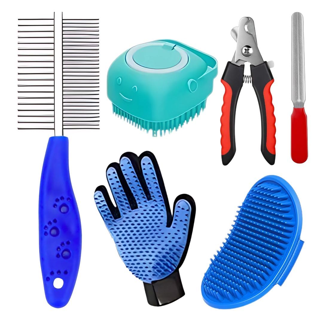 Pet Fun 6In1 Pet Grooming Kit Combo | Double Side Steel Comb, Shampoo Brush, Palm Glove, Nail Clipper, Nail File & Deshedding 