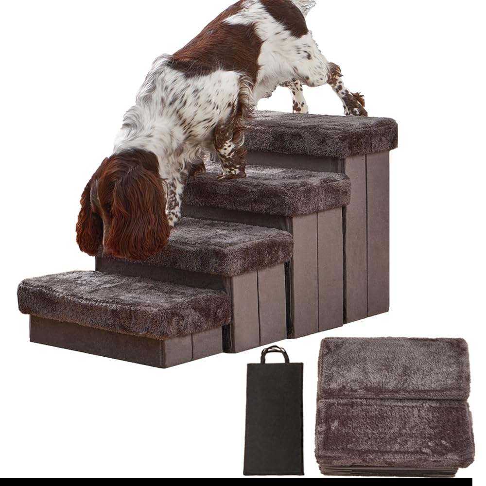 PetPals Pet Stairs for Dogs and Cats, 4 Steps with Extra Storage for Toys, Soft Velvet Cover, Wooden Frame Support Up to 100 lbs
