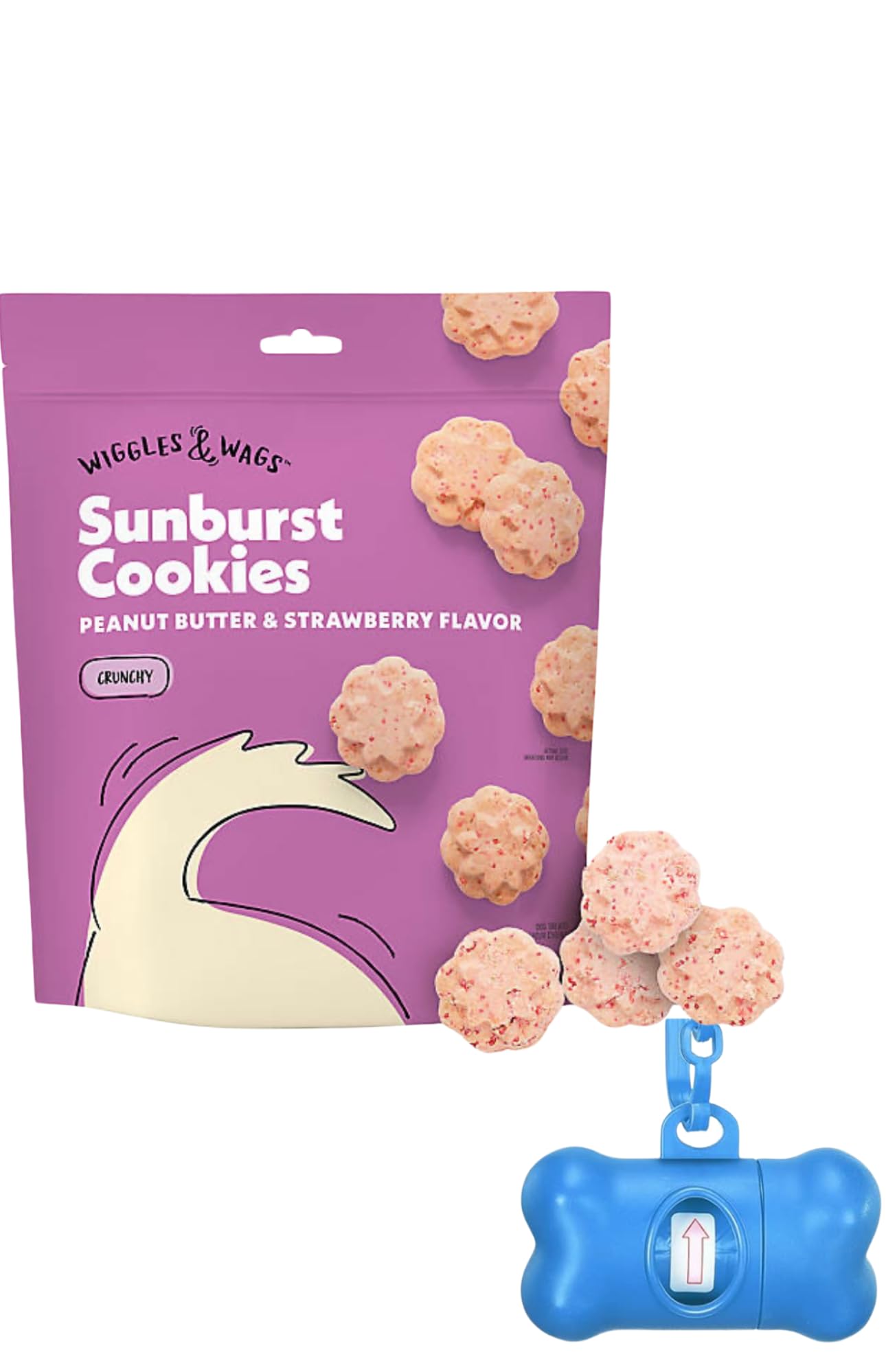 Wiggles & Wags Sunburst Dog Cookies, Peanut Butter & Strawberry Flavor, 14 oz with DN Essentials Waste Bag Dispenser and Roll