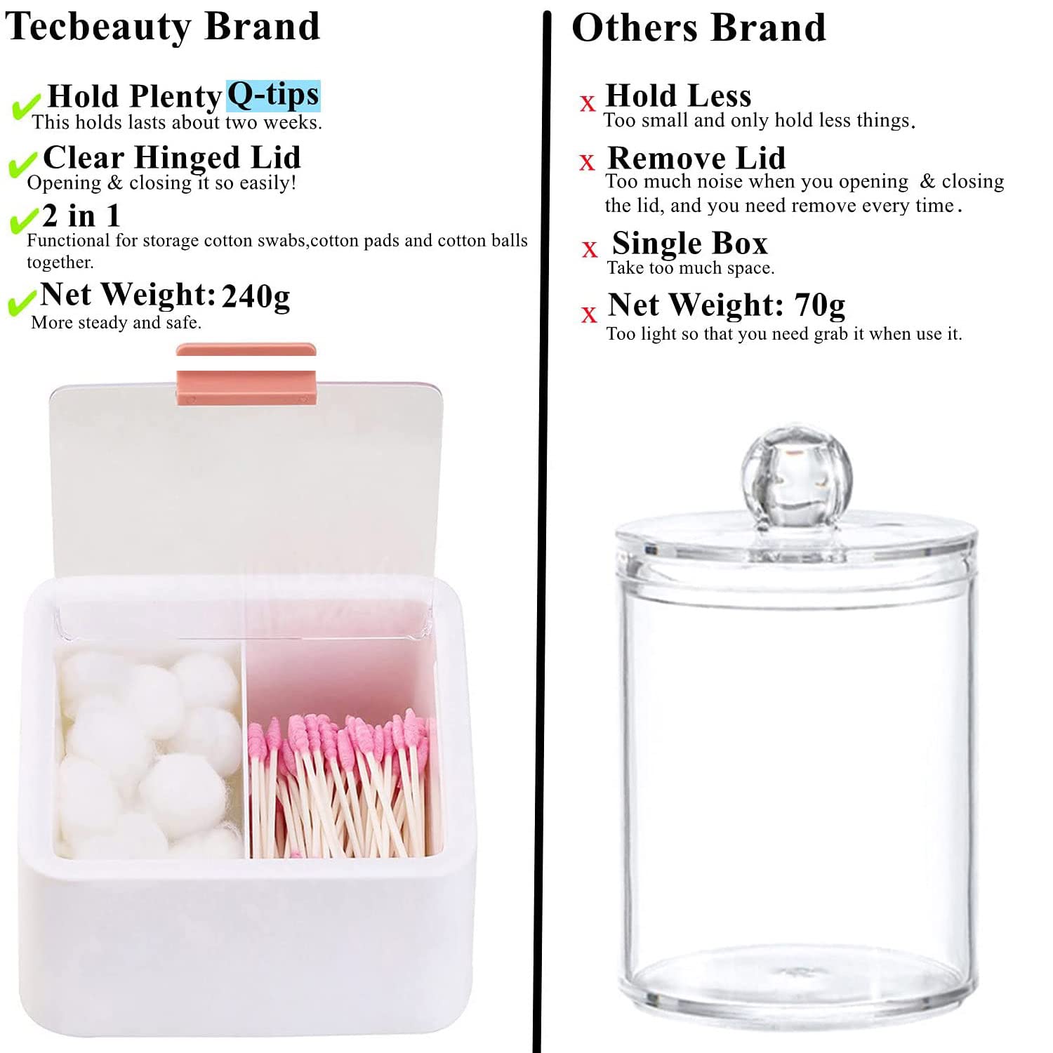 Tecbeauty 2 Slot Cotton Swab Ball Qtip Holder Jar Plastic Container Dispenser Box With Hinged Lid For Bathroom Home Storage Orga