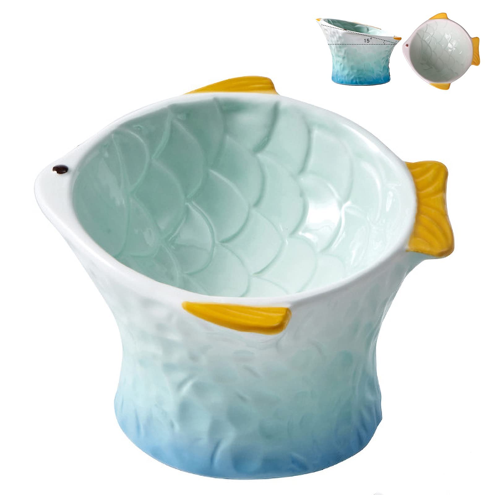 Raised Tilted Ceramic Cat Food Bowl - Cute Fish Shape Elevated Slanted Shallow Angled Cat Dish - Personalized Pet Feeder for Kit