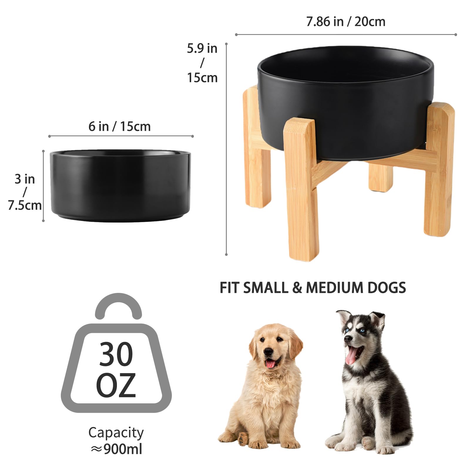 Welloyed 6 Ceramic Raised Dog Bowl - 30Oz Dog Food & Water Bowl with Elevated Non-Slip Bamboo Stand, Dishwasher & Microwave Sa