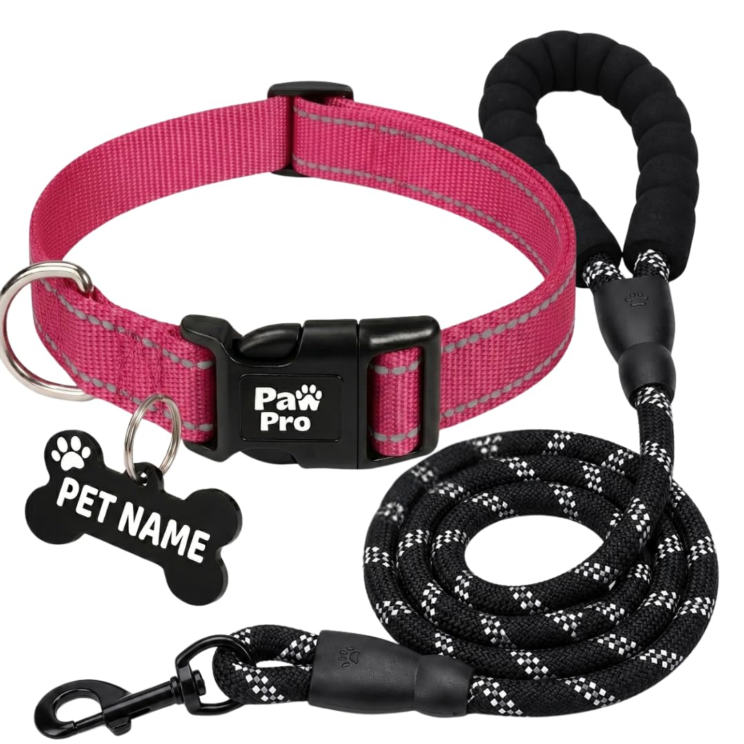 Pawpro Handmade Reflective Dog Collar Leash Set With Custom Bone Name Tag, Adjustable Soft Nylon Pet Collar For Large Dogs, Pers