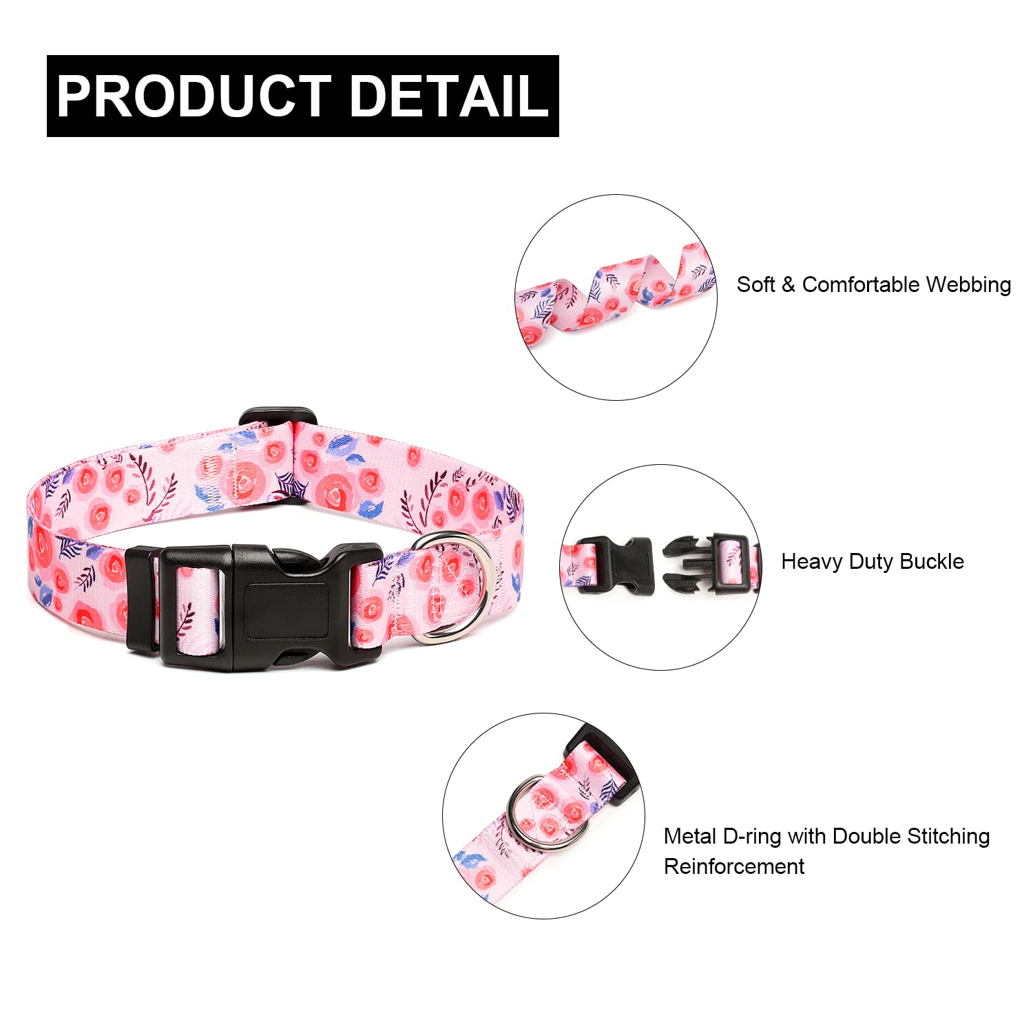 Mercano Adjustable Dog Collar - Special Design Patterns, Soft Nylon Comfortable Durable Pet Collar For Small Medium Large Dogs (M, Rose)