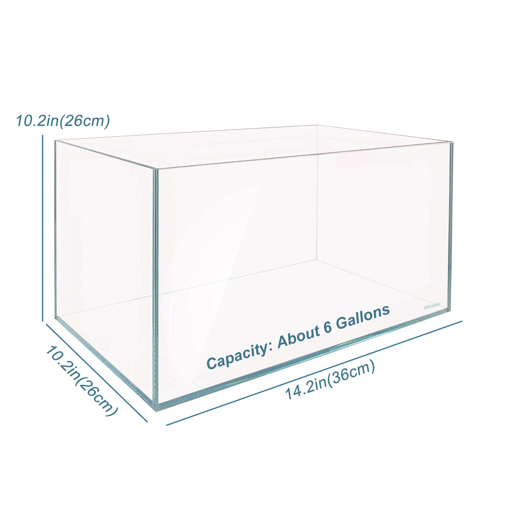 Allcolor Rimless Aquarium Tank, Ultra Clear Low Iron Glass, 6Gal, 14.1" L × 10.2" W × 10.2" H, Clear