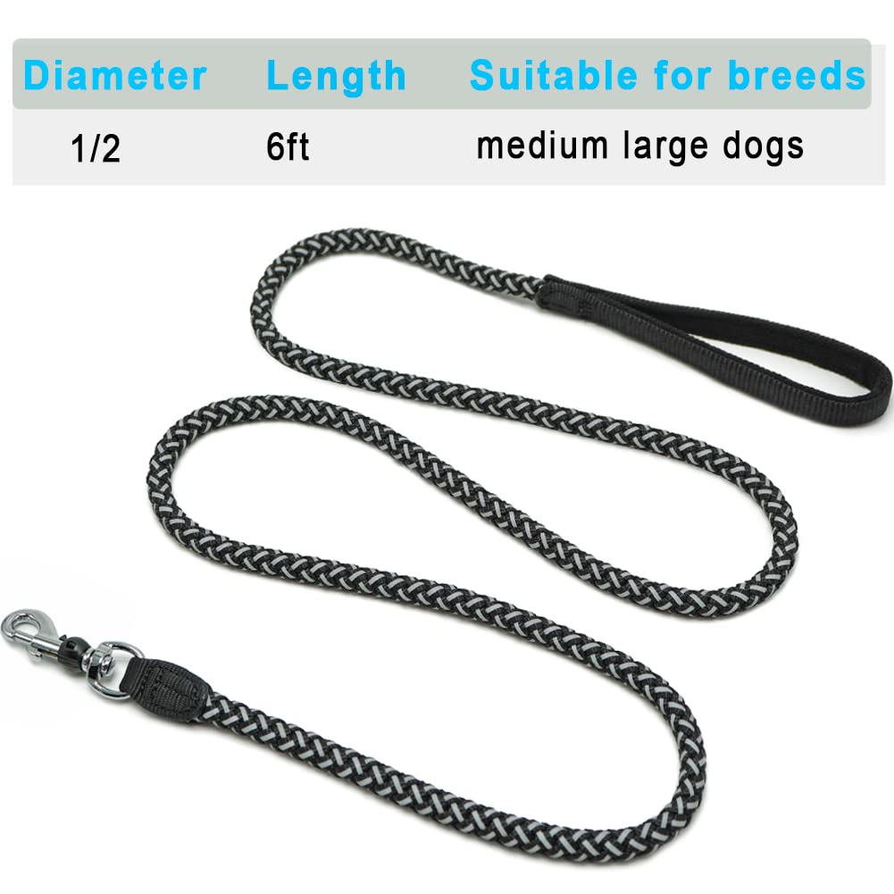 Mycicy 3Ft 4Ft 6Ft 10Ft Rope Reflective Dog Leash - Nylon Braided Heavy Duty Strong Dog Training Leash For Large And Medium Dogs Walking Leads (6Ft, Black)