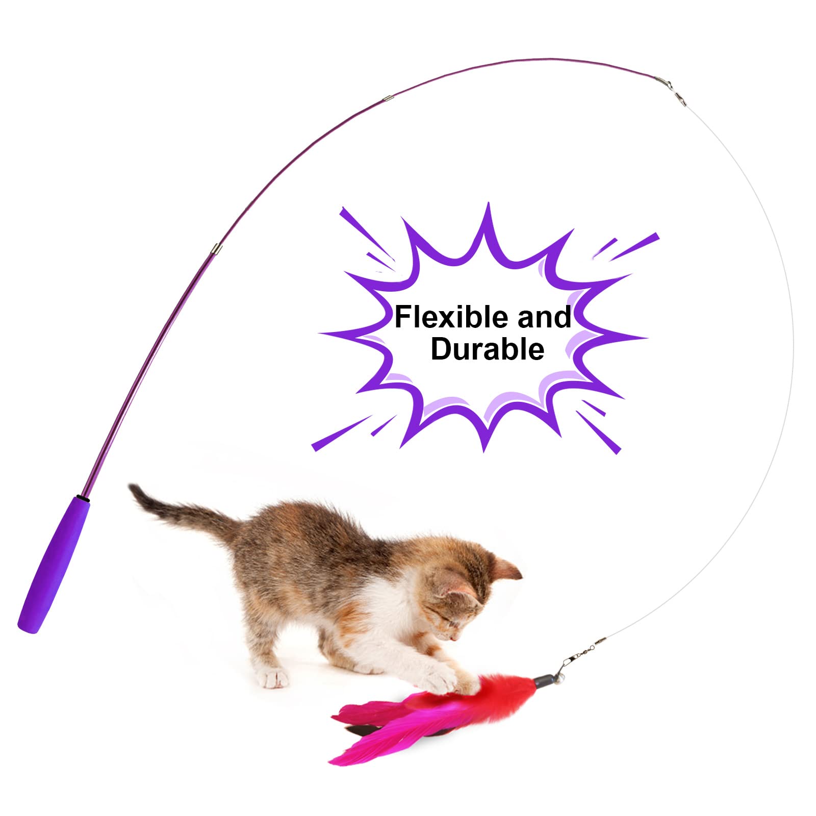 Atosun Cat Toys, 2Pcs Retractable Cat Feather Toys, 10Pcs Replacement Teaser Refill, 1Pc Rainbow Ribbon Wand Interactive Kitten Toys For Indoor Cat Make Exercise