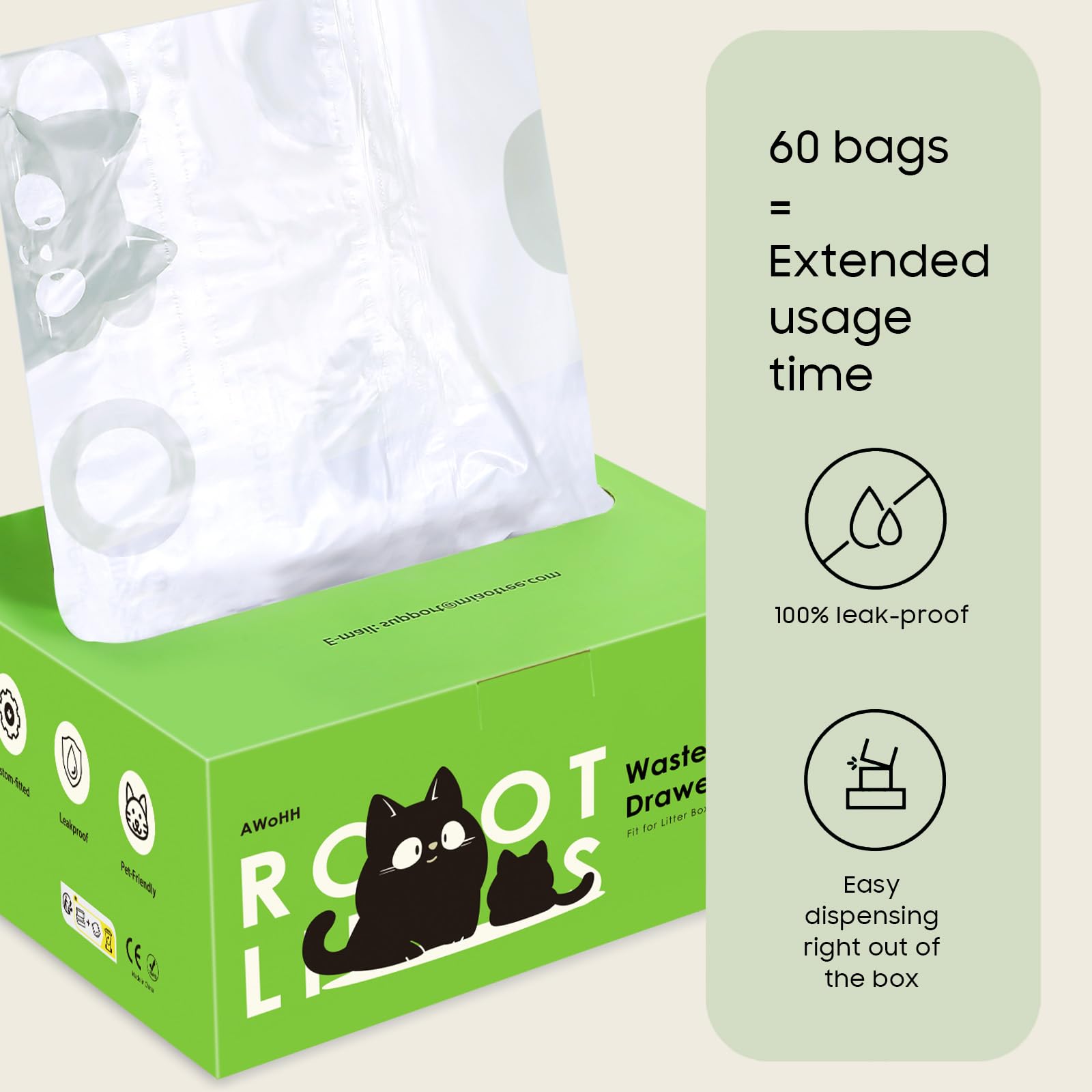 Cat Litter Box Robot 4 And 3 Waste Bags, 60 Pack Automatic Litter Box Bags, Thick Heavy Duty Cat Litter Box Liner Bags