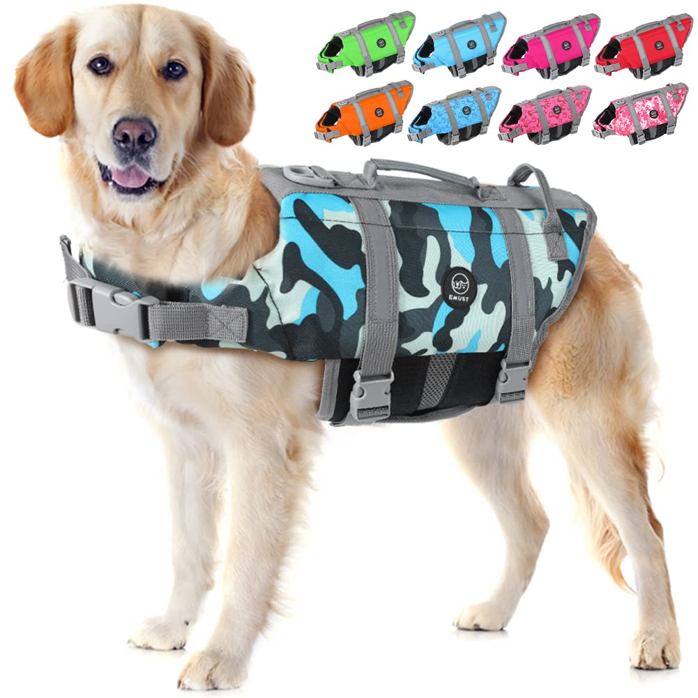 Emust Dog Life Preserver - Flotation Vest For Swimming, Beach & Boating - High Buoyancy - Small/Medium/Large Dogs - M - New Blue