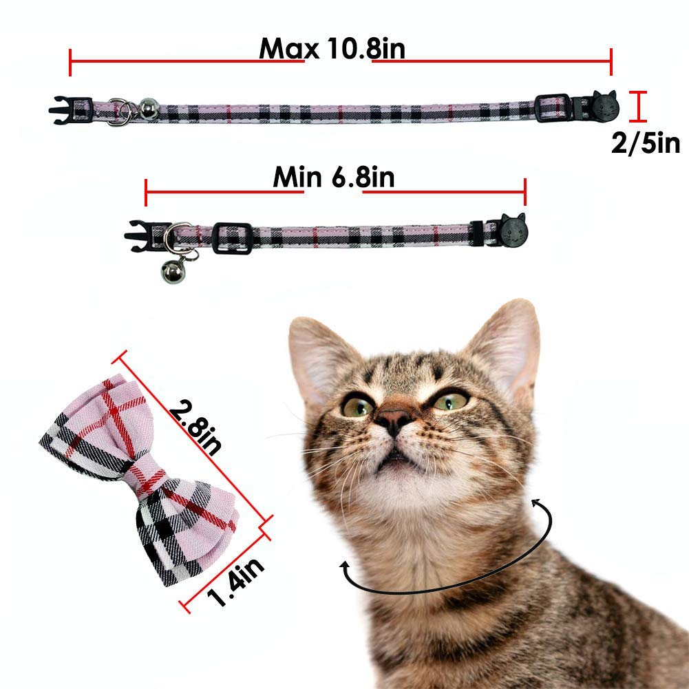 Cat Collar Breakaway With Bell And Bow Tie, Plaid Design Adjustable Safety Kitty Kitten Collars Set Of 2 Pcs(6.8-10.8In) (Pink&Cyan Plaid)