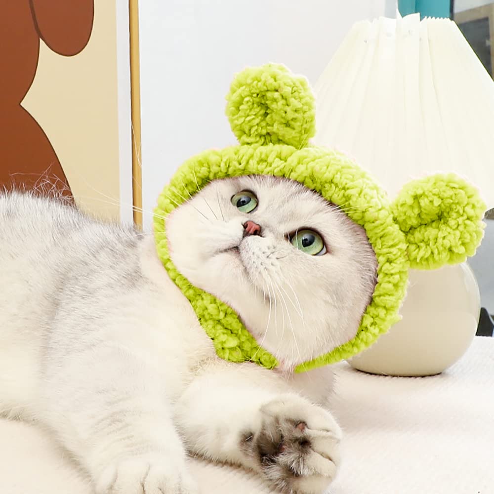 Joicee Cute Cat Costume Warm Bear Hat For Cat Adjustable Soft Small Pet Headwear Bear Hat For Cat Puppy Dog (Avocado Color)