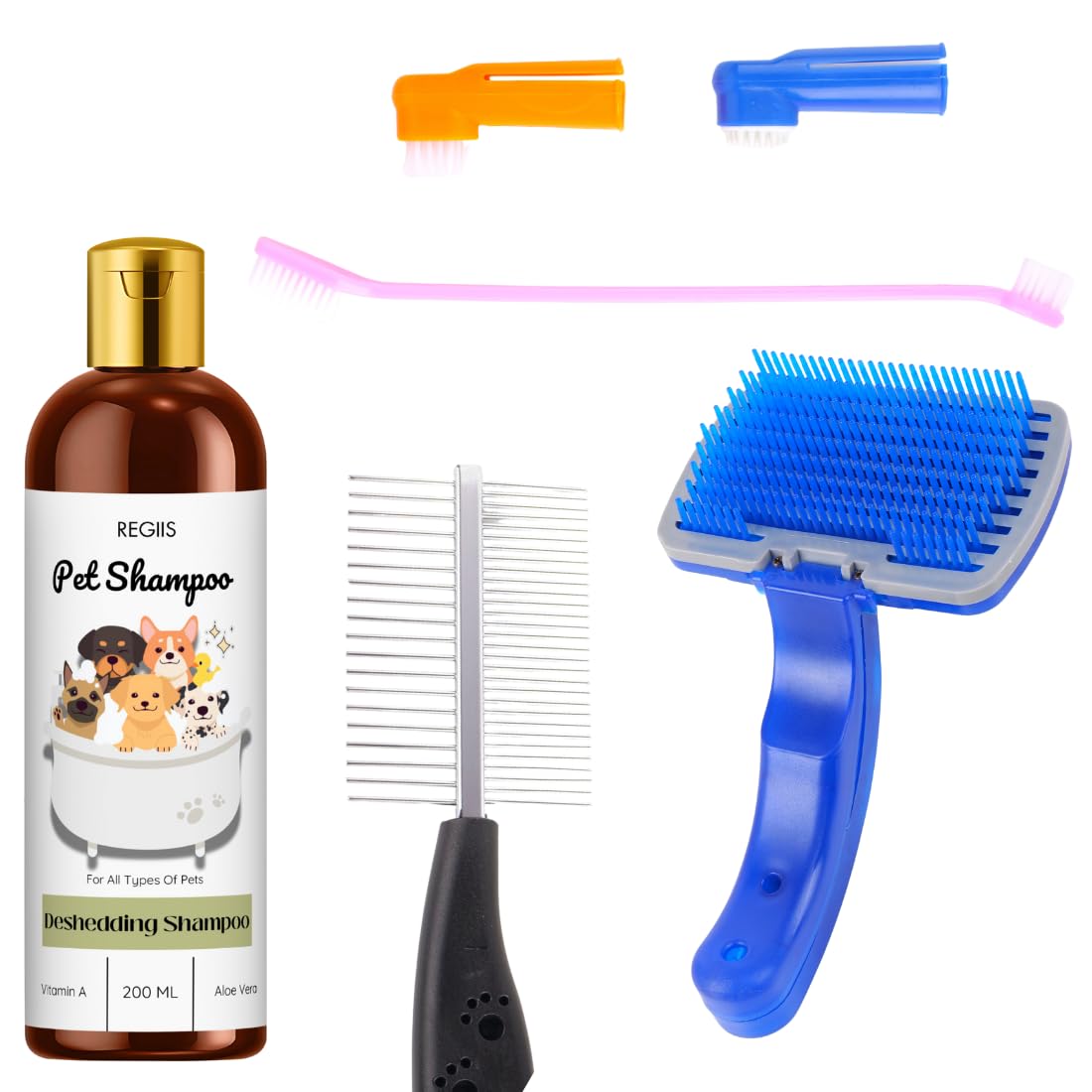 Pet Grooming Set With Deshedding Shampoo, Self Cleaning Slicker Brush, Metal Comb, 200Ml Vitamin A And Aloe Vera Formula For All