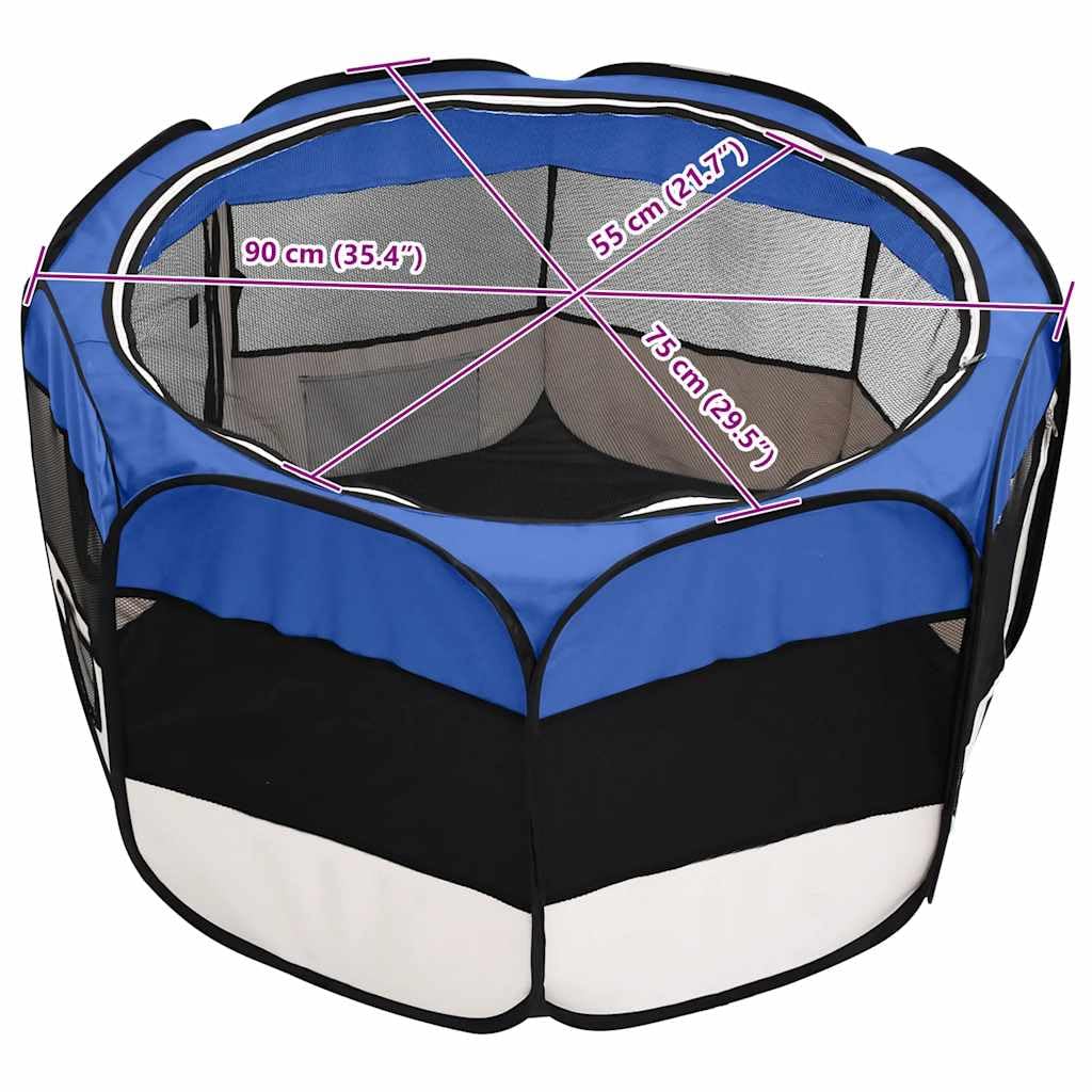vidaXL Foldable Dog Playpen - Blue/Cream with Carrying Bag, Mesh Zipper Roof/Door, Side Pockets, Lightweight & Sturdy Steel Fram