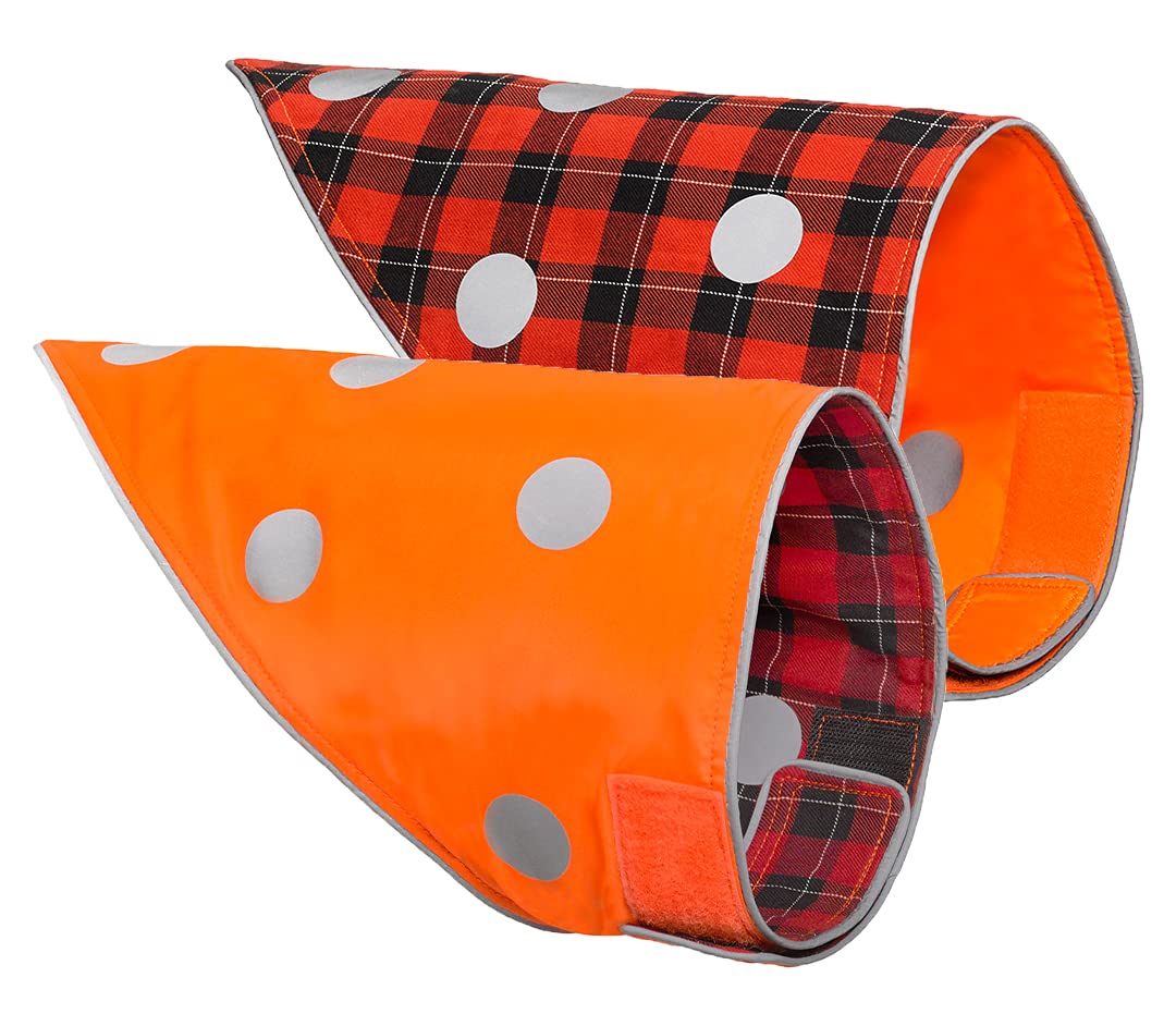 Spot The Dog! Reflective Dog Bandanas - Reversible High Visibility Safety Dog Accessories For Small, Large Dogs, Collar, Scarf, Bib Gear For Hunting, Walking At Night (Blaze Orange, Red Plaid, M-L)