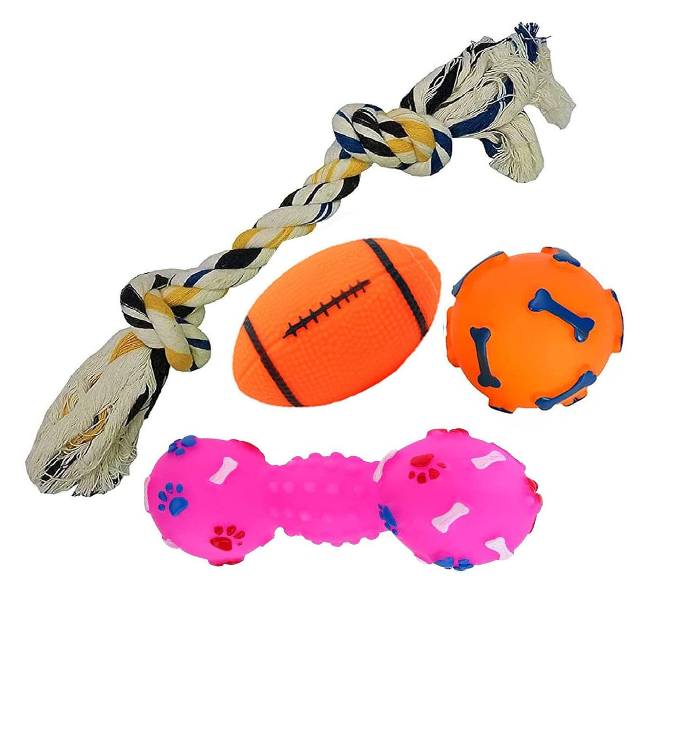 W9 Pet Products Combo Of 4 Natural Latex Squeaky Rubber Toy With 2Knotted Rope Toy For Small Breed PuppyRope,Rugby Ball, Squea