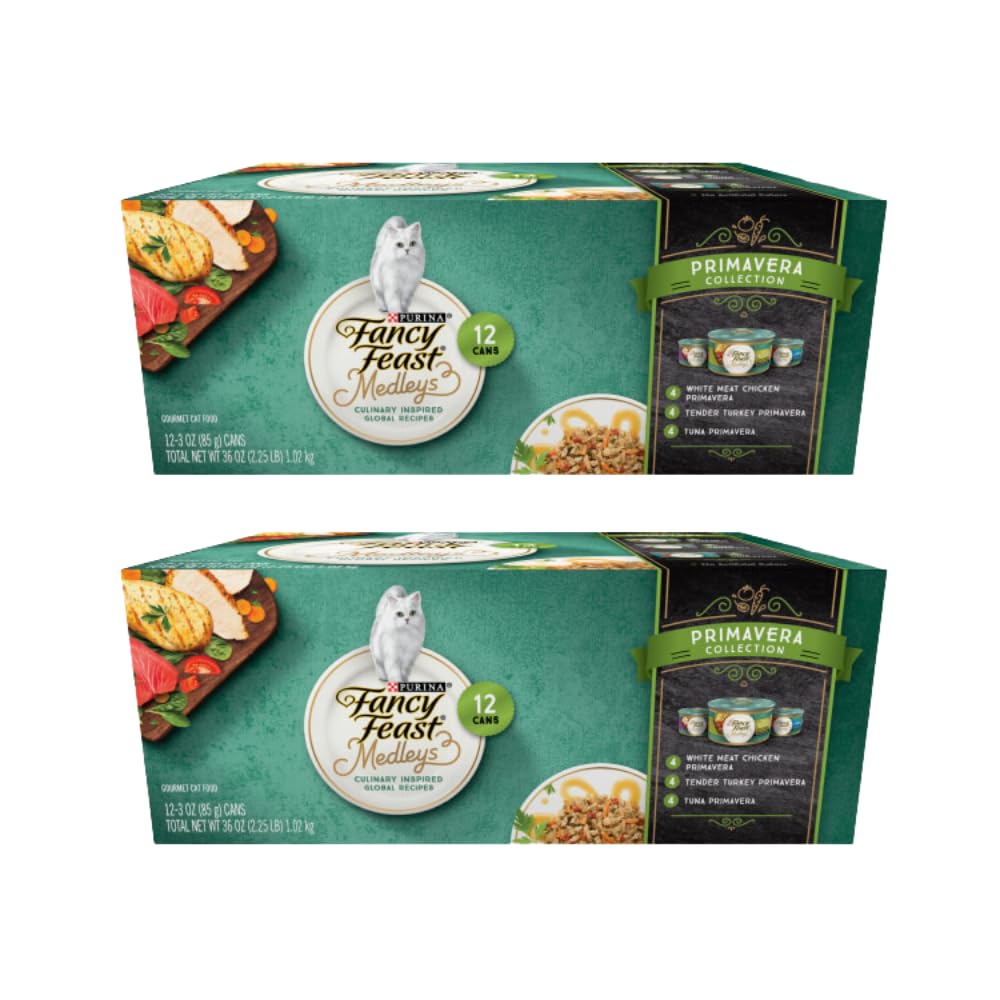 Fancy Feast Purina Elegant Medley, Primavera Collection, White Meat Chicken, Tender Turkey, and Tuna Flavors, Cat Food, (Case of