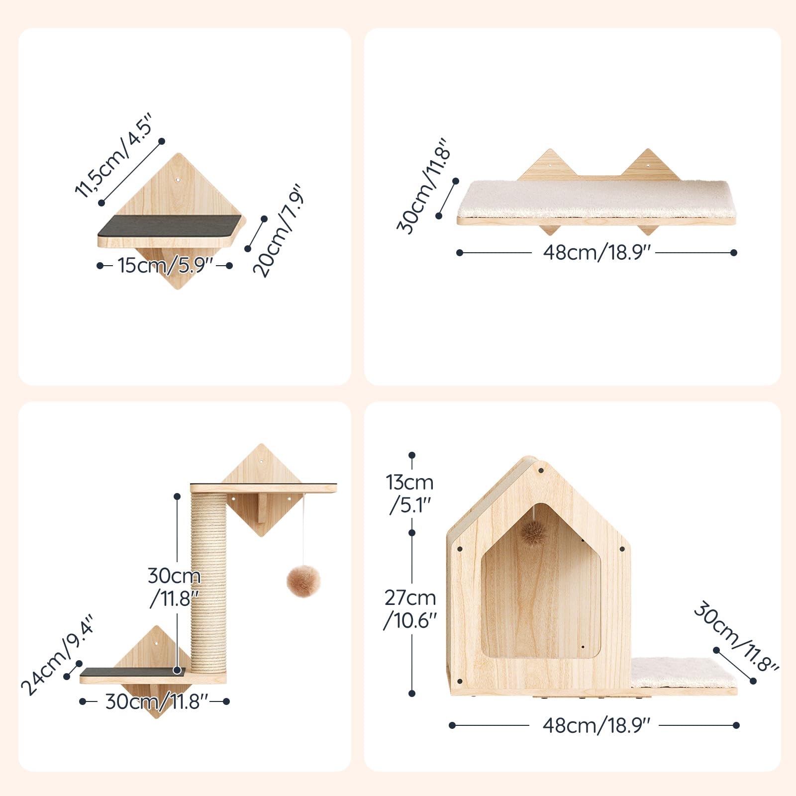 HOOBRO Cat Wall Shelves Set of 5, Natural Pine Wood, 17.3"x13.4"x7.5", Includes Steps, House & Scratching Post, Model NL43