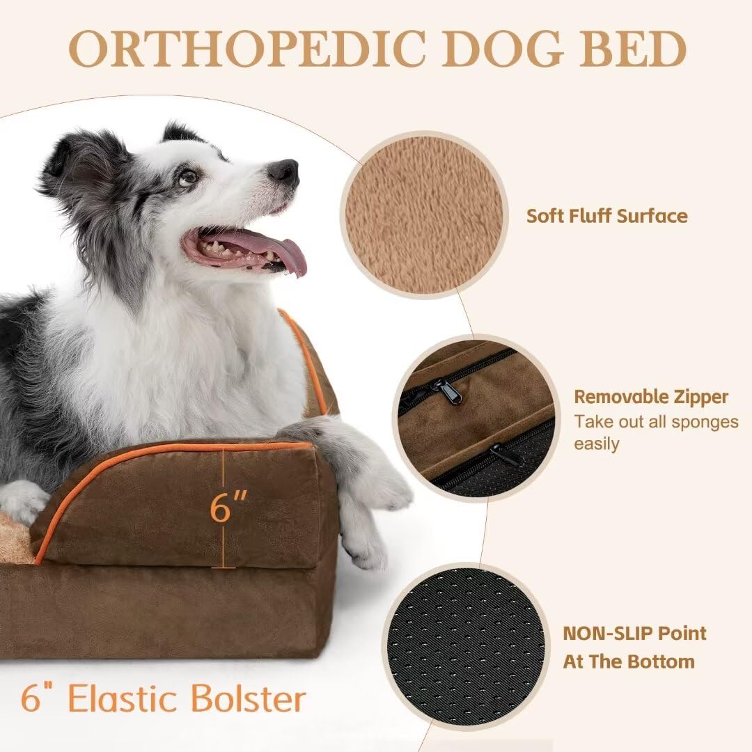 Comfort Expression Cooling Dog Bed Memory Foam, Orthopedic Dog Bed For Giant Dogs, Xxl Dog Bed For Extra Large Dogs, Waterproof Dog Bed With Bolster & Removable Cover(Xx-Large,Khaki Brown)