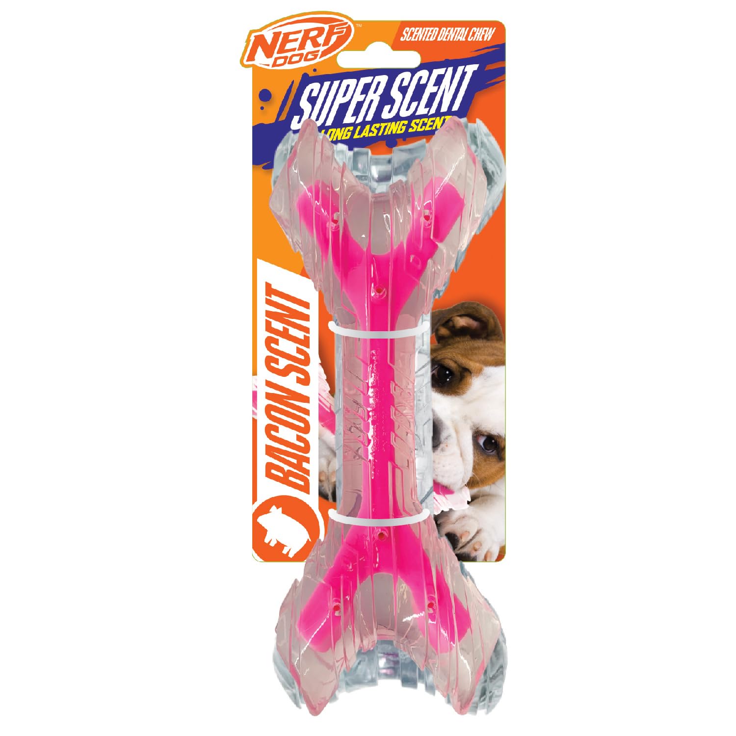 Nerf Dog 9in TPR/PP Scented Bacon SuperScent Bone Solid Core -Clear/Pink, (NF-7132)