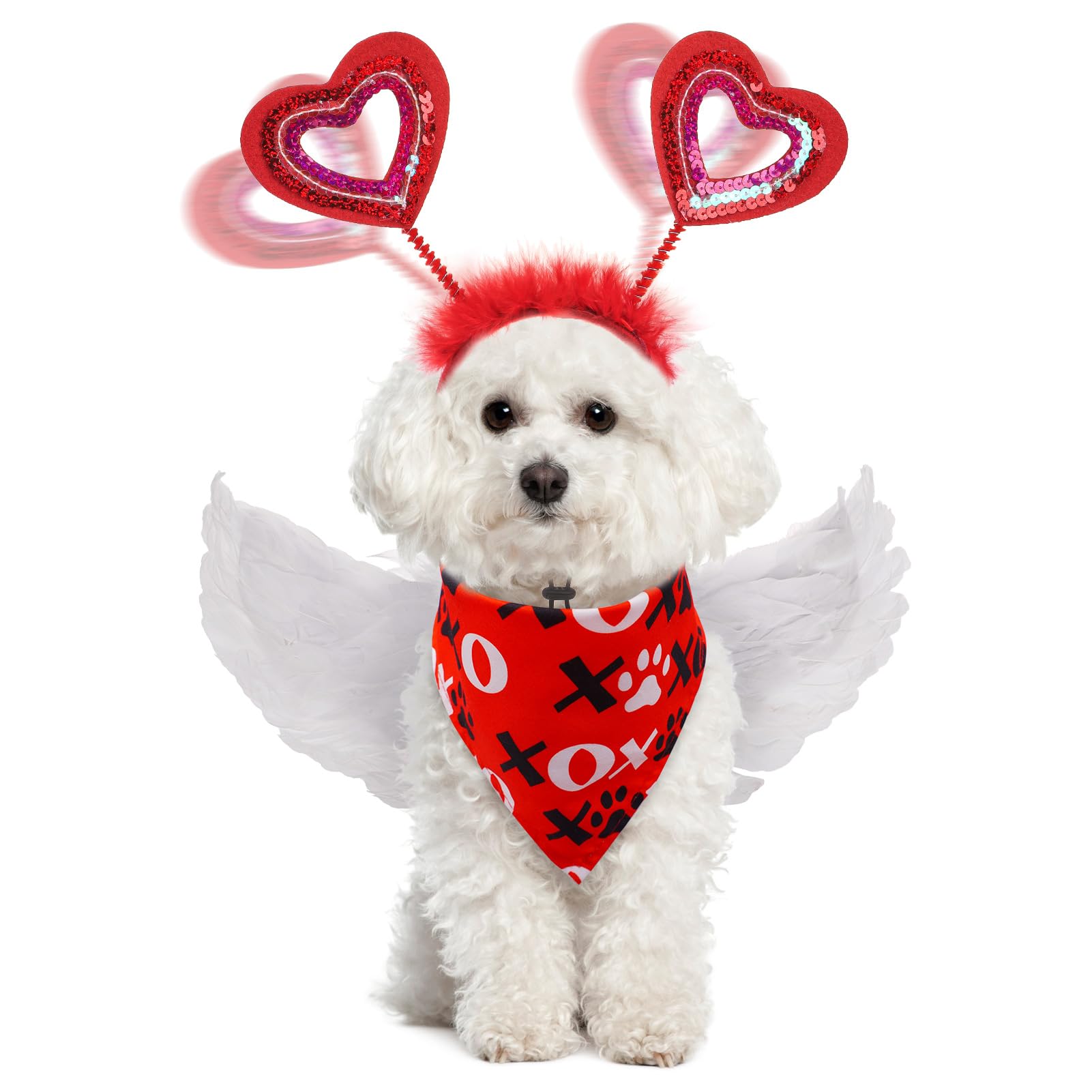 SCENEREAL Dog Outfit/Birthday Bandana with Feather Wing & Heart Headband Dogs Girls Set, Red Puppy Kitty Party Supplies for Smal