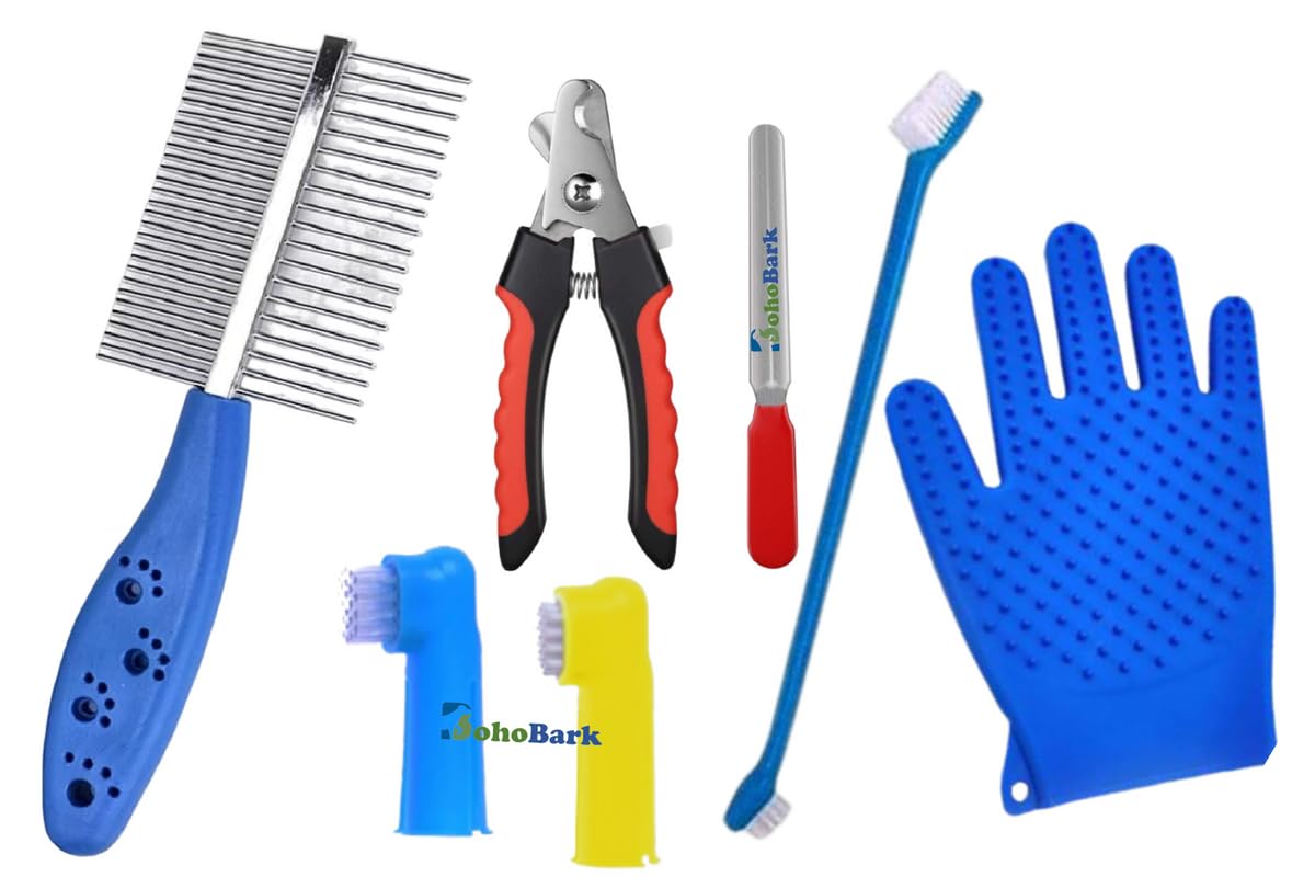 BohoBark 7 Pack Dog Grooming Brush Double Sided Pet Grooming Brush, & Comb, Nail Clippers bathing masage tool teeth cleaning bru