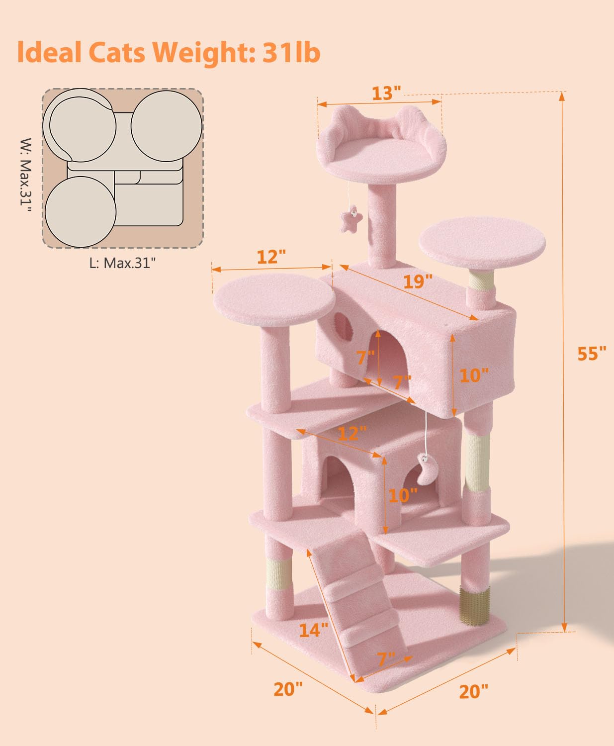 Os Motor 54'' Cat Tree Tower For Indoor Cats Large Adult,Cute/Tall Modern Cat Tree For Big Cats 20 Lbs,Plush Multi-Level Cat Con