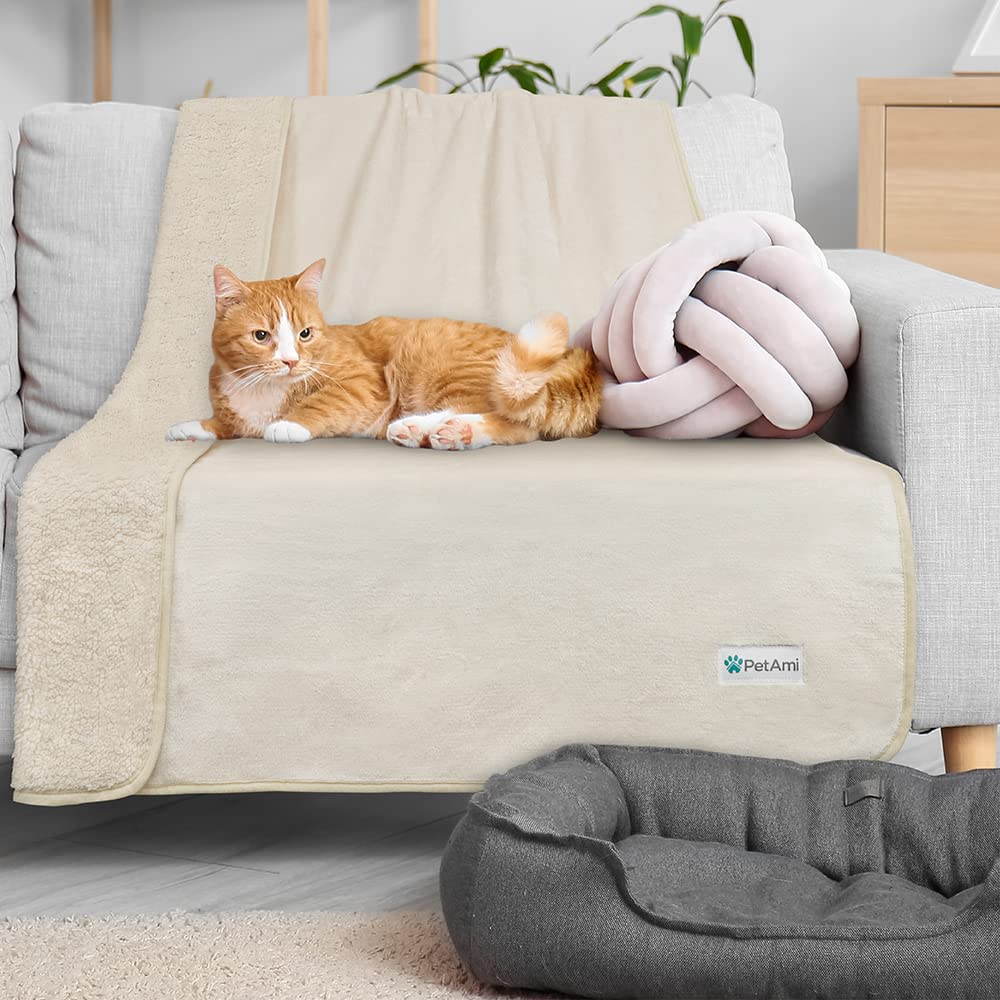 Petami Waterproof Dog Blanket For Small Medium Dogs, Pee Proof Pet Blanket Sherpa Fleece Couch Cover, Reversible Cat Throw Bed Sofa Protector, Soft Plush Washable Pad (Small 24X32, Beige)