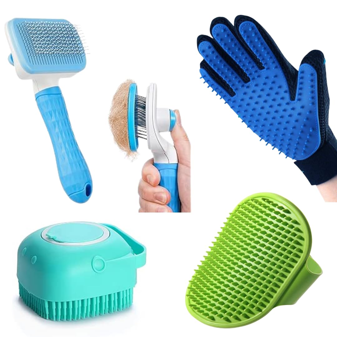 Healing LeafS Pet Grooming Kit  Slicker Brush, Silicone Shampoo Dispenser, Palm & Glove Brush Dog & Cat Hair Remover, Bath & M
