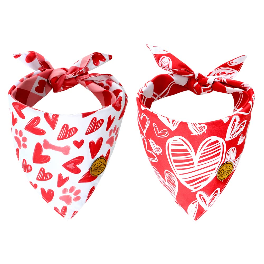 Crowned Beauty Valentines Day Dog Bandanas Reversible Small 2 Pack, Red Heart Set, Buffalo Plaid Adjustable Triangle Scarves For