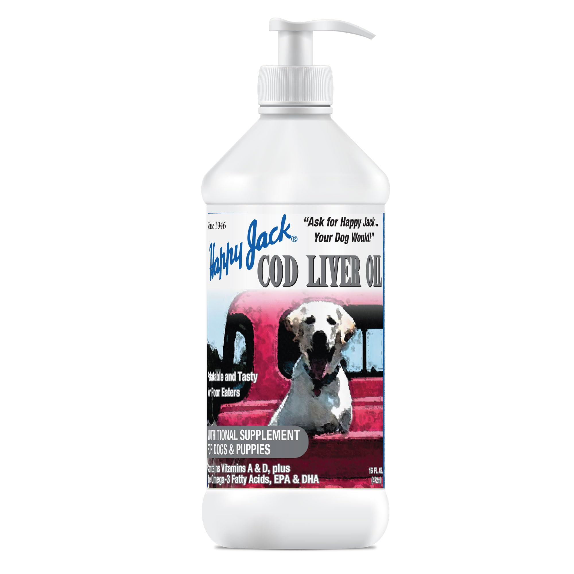 HAPPY JACK Cod Liver Fish Oil for Dogs Skin and Coat Supplement, Brain, Eyes, Bones, Hip, Joint, Heart & Immune System Health, E