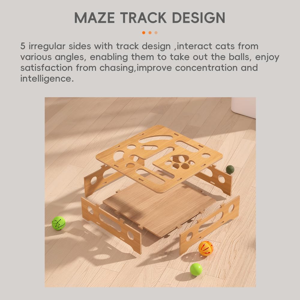 Cat Puzzle Toy Box,Wooden Interactive Enrichment Toy for Indoor Cats, Treat Dispensing, Self-Play, Hunting Games, Hide & Seek, B