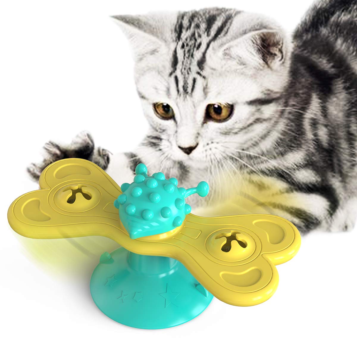 Rvpaws Windmill Cat Toy With Catnip And Teaser Bell | Suction Cup Brush For Teeth Cleaning | For Kittens + Older Cats | Interact