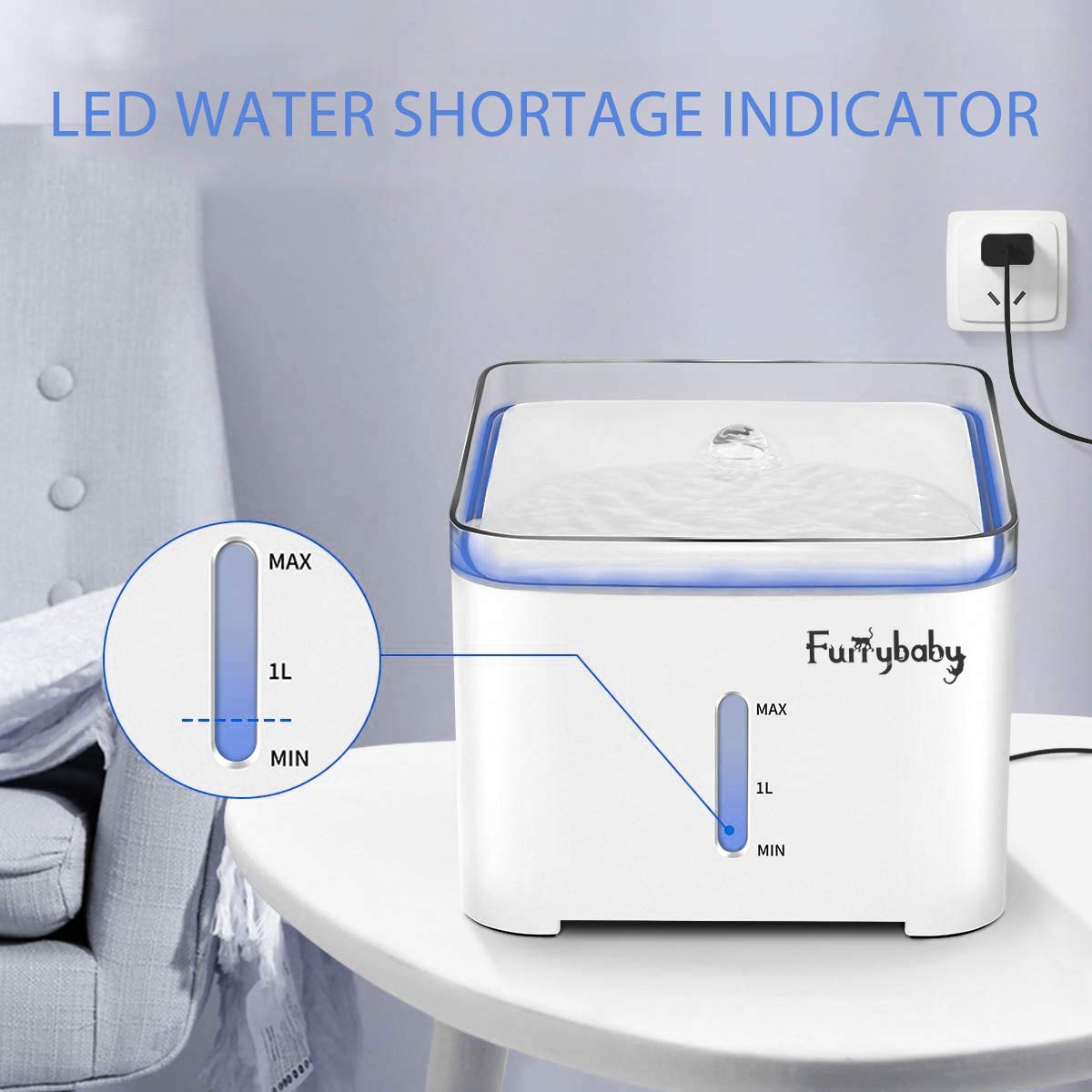 Furrybaby Cat Drinking Water Fountain, Led Automatic Pet Water Dispenser With Water Level Window 2L Ultra Quiet Indoor Intellige