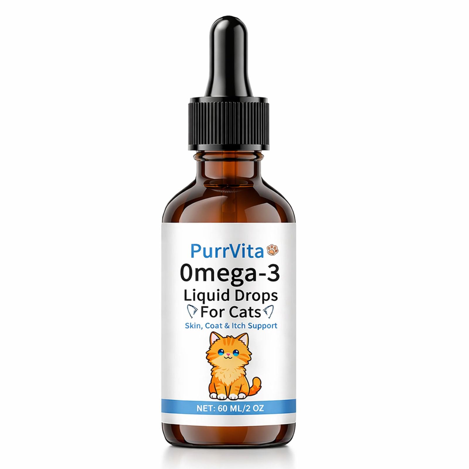 PurrVita Omega-3 Liquid Drops for Cats - Supports Healthy Skin & Coat, Natural Fish Oil Supplement for Feline Wellness 60ml (1)