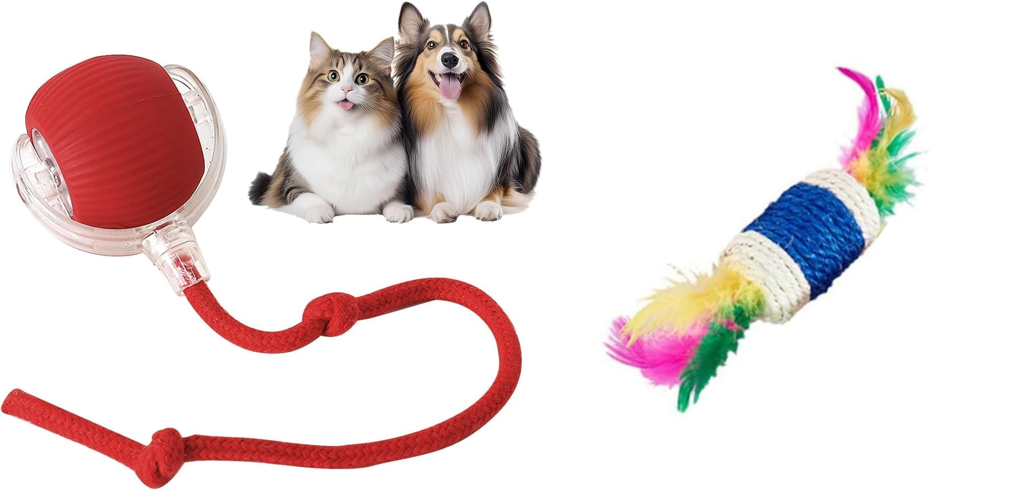 Pet Fun Interactive Cat Ball Toy With Rope Tail Smart Rolling Indoor Play Ball Multicolour & Cat Teaser Stick With Feather & Pap