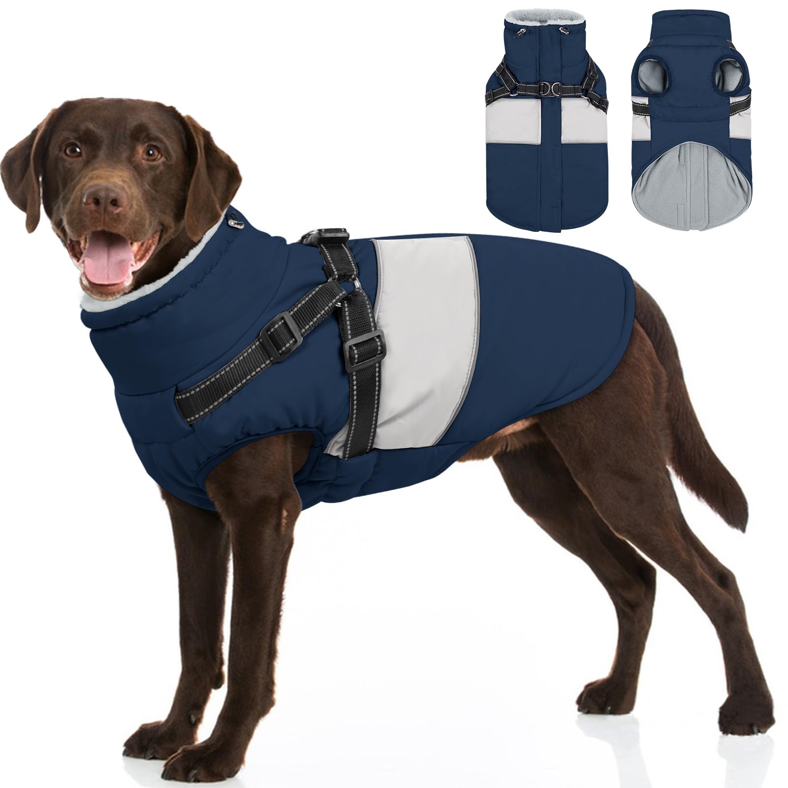 Sunfura Dog Jacket, Large Dog Coat With Harness Built In, Warm Pet Winter Jacket Zippered Snow Coat With Furry Collar, Waterproo