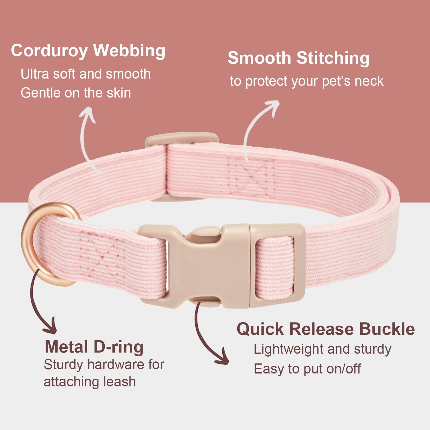 Yudote Soft Cotton Dog Collar Adjustable Corduroy Dog Collars For Small Medium Large Female Dogs(Pink,Medium)