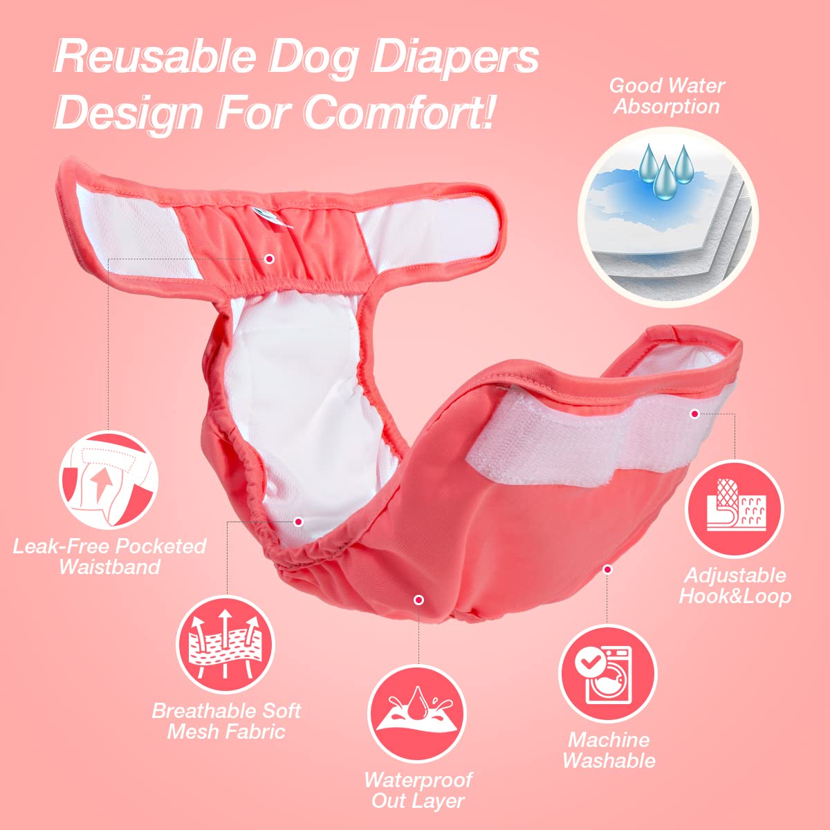 Pet Soft Female Dog Diapers - Reusable X-Large Washable Diapers for Dogs in Heat - 3 Pack (Black, Pink, Blue)
