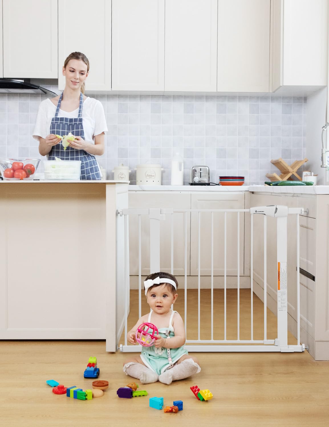Comomy 30' Tall Baby Gate For Stairs Doorways, Fits Openings 29.5' To 43.3' Wide, Auto Close Extra Wide Dog Gate For House, Pressure Mounted Easy Walk Through Pet Gate With Door, White