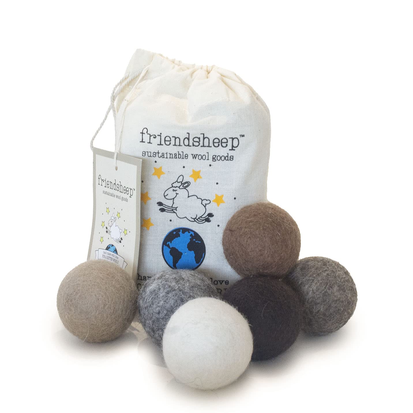 Friendsheep Eco Wool Pet Toy Ball - Cat, Ferret, Small Dog - Fair Trade, Handmade In Nepal, Eco-Friendly - 100% Wool, 6-Pack (Balls X6, Earth Tones)