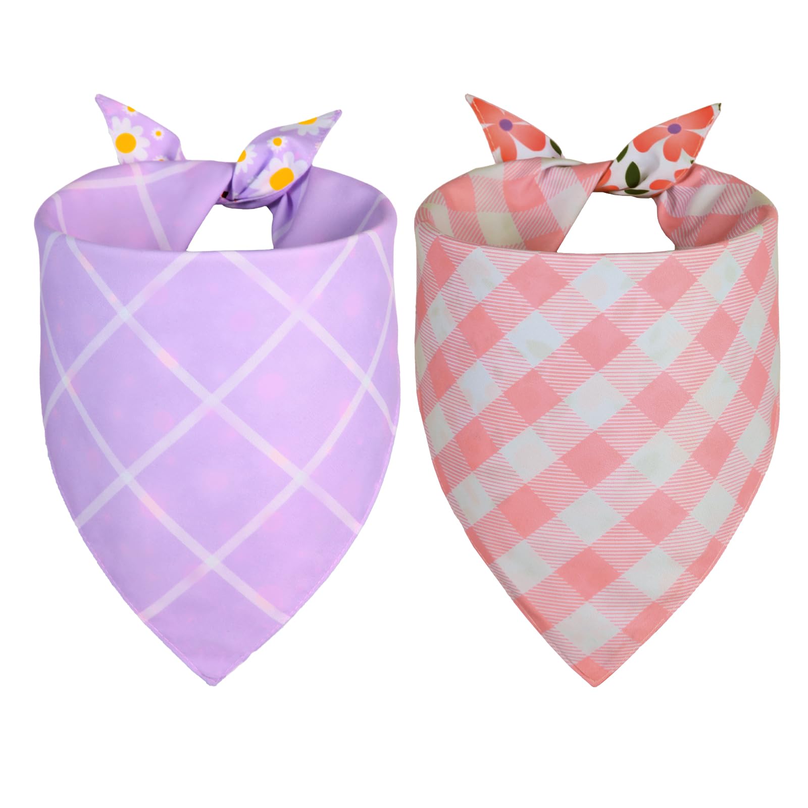 Ququle Spring Dog Bandana Girl Small 2Pcs, Pink Purple Daisy Scarf, Durable Triangle Reversible Bibs Handkerchief For Puppy Pet