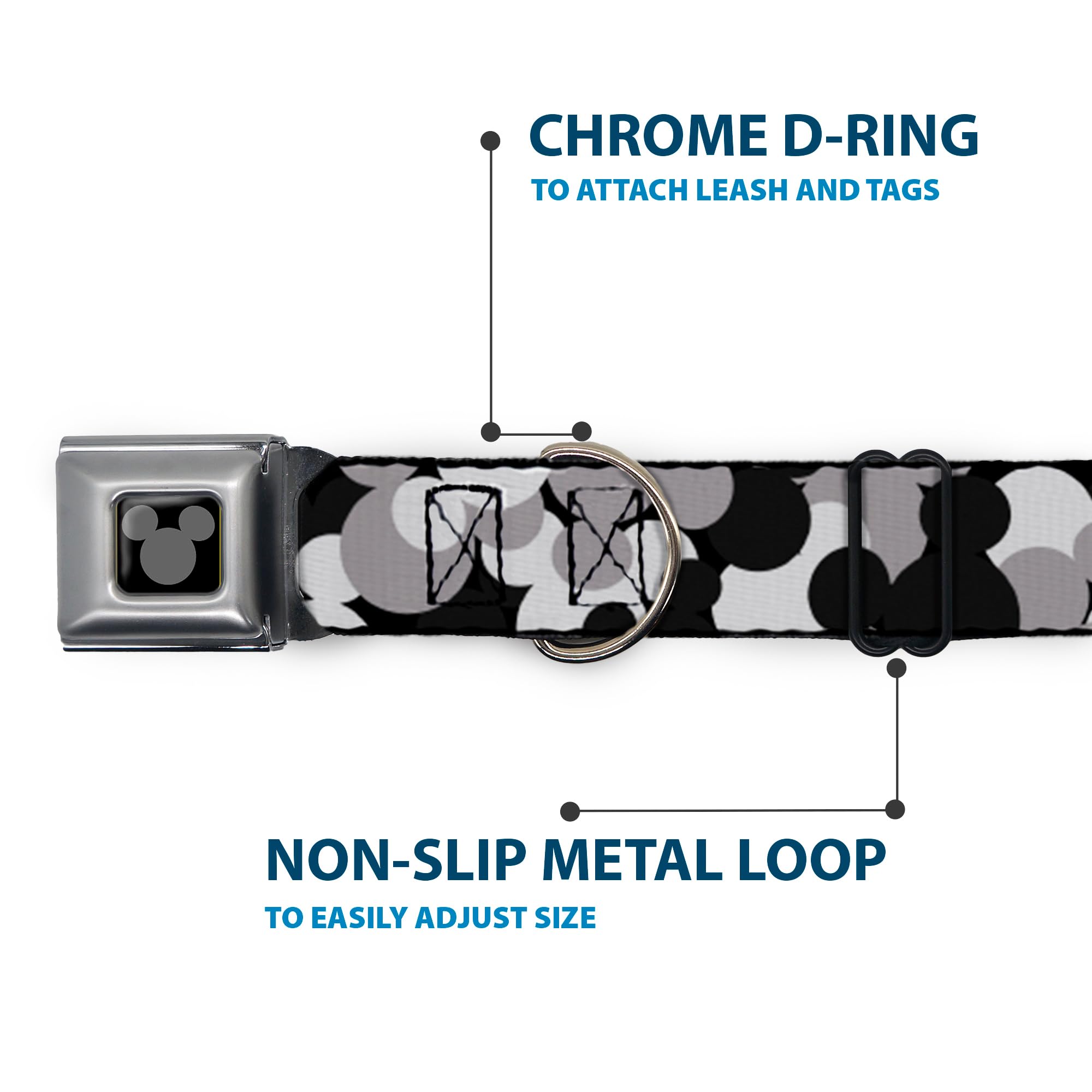 Dog Collar Seatbelt Buckle Mickey Mouse Head Stacked Black Grays 18 To 32 Inches 1.5 Inch Wide, Dc-Wdy349-Wl