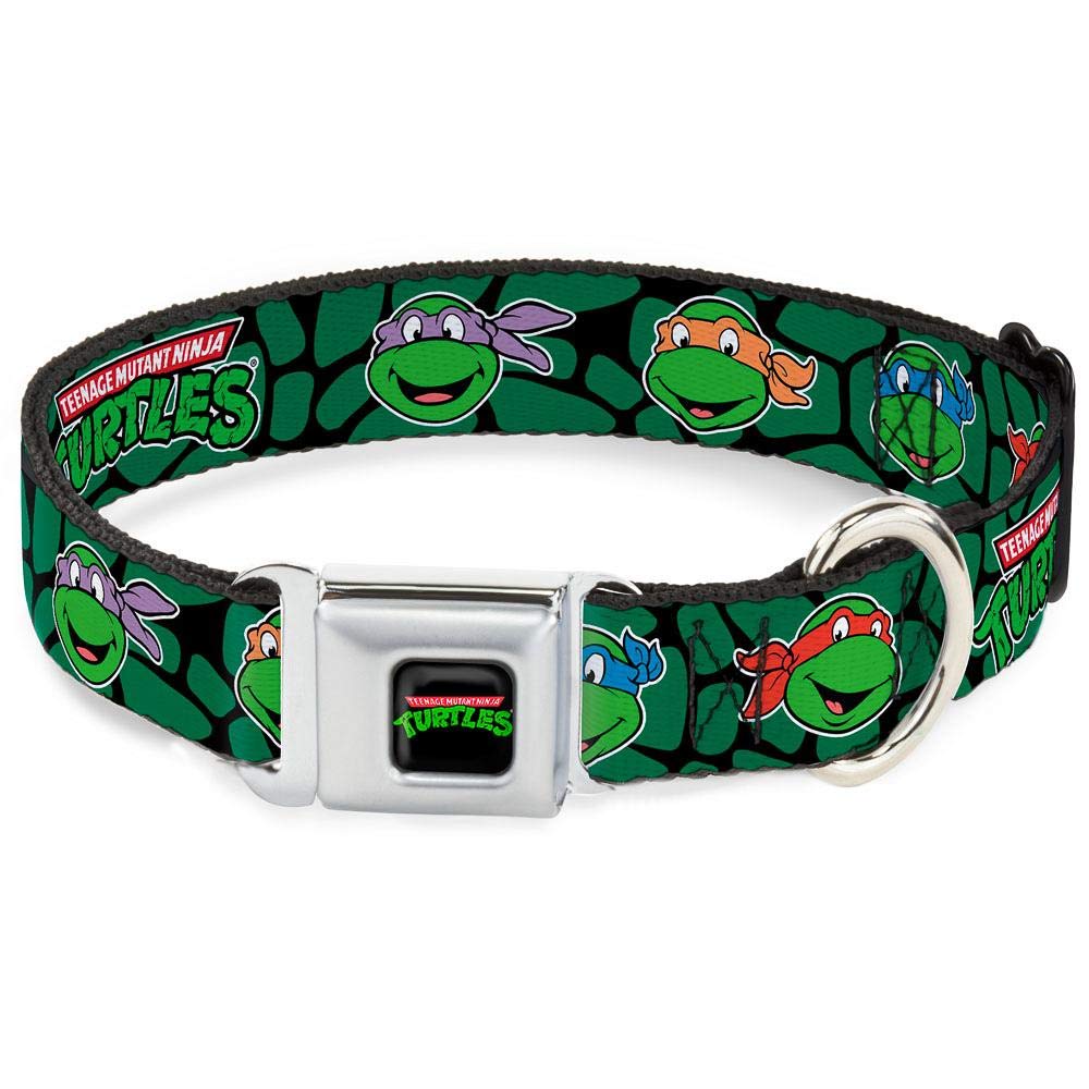 Buckle-Down Seatbelt Buckle Dog Collar - Classic Tmnt Turtle Faces Black/Green Turtle Shell - 1' Wide - Fits 15-26' Neck - Large